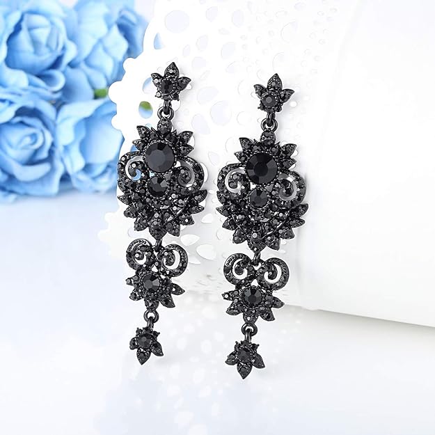 ONE PAIR: Vintage Floral Teardrop Butterfly Wing Black Austrian Crystal Drop Dangle Earrings for Women