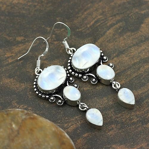 ONE: Exquisite Color: MOONSTONE Dangle Earrings 925 Sterling Silver