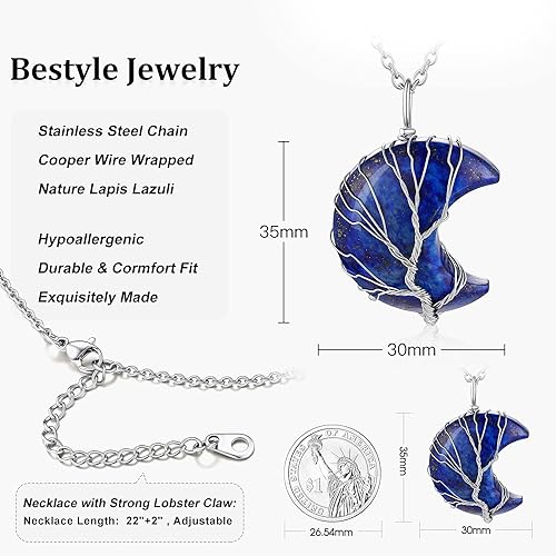 ONE: 💓September-Nature Lapis Lazuli Crescent Moon Crystal Necklace 925 Sterling Silver