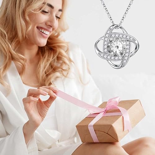 ONE :💎 Birthstone Necklace Gifts For Women, Love Knot Pendant Birthstone Jewelry 18 Inch Silver Chain APRIL