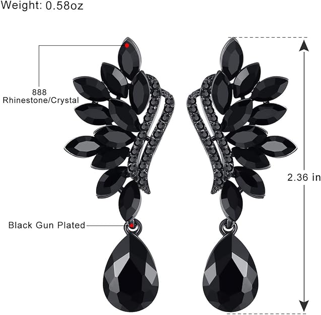 ONE PAIR: Vintage Floral Teardrop Butterfly Wing Black Austrian Crystal Drop Dangle Earrings for Women