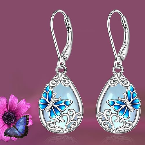 ONE: Exquisite Butterfly Color: MOONSTONE Dangle Earrings 925 Sterling Silver