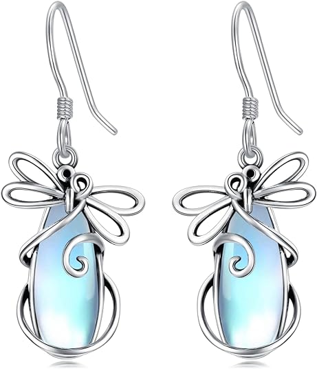 ONE:  Dragonfly Earrings Color: Moonstone Dangle Earrings 925 Sterling Silver