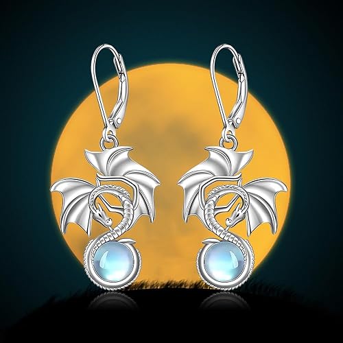 ONE: Exquisite Dragon Color: MOONSTONE Dangle Earrings 925 Sterling Silver