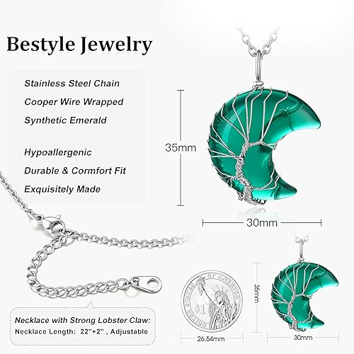 ONE: May-Synthetic Emerald Crescent Moon Crystal GREEN Necklace 925 Sterling Silver Necklace