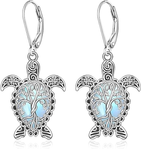 ONE: Exquisite Turtles Color: MOONSTONE Dangle Earrings 925 Sterling Silver