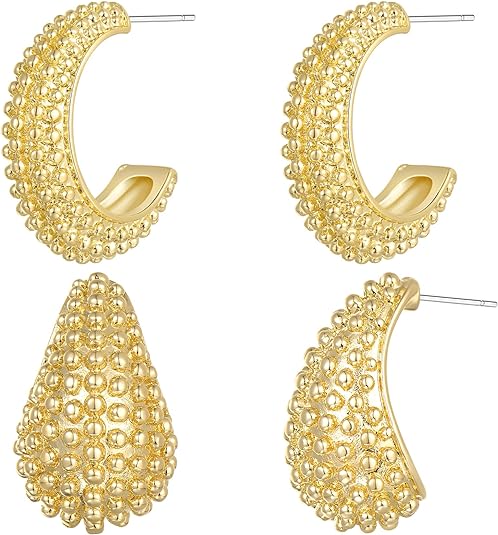 2 Pairs Earrings Set for Women, Lightweight Hollow Gold Hoops. Silver Hoop Earrings, 14k Gold Teardrop Hoop Earrings, Rhinestone Waterdrop Earrings Set