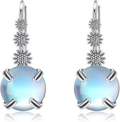 ONE:  Exquisite Sun Flower's Color: MOONSTONE  Dangle Earrings 925 Sterling Silver