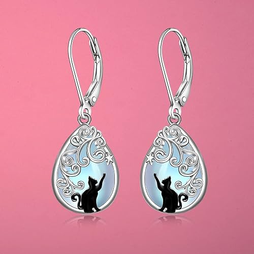ONE: Exquisite CAT Color: MOONSTONE Dangle Earrings 925 Sterling Silver