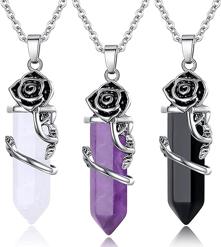 ONE :💎DAINTY FLOWER NATURAL HEALING CRYSTAL: Amethyst  Obsidian Clear Quartz NECKLACE Fine Jewelry 💎