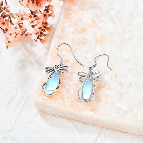 ONE:  Dragonfly Earrings Color: Moonstone Dangle Earrings 925 Sterling Silver