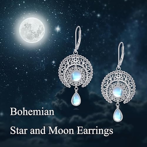 ONE: Exquisite MOON & STARS Color: MOONSTONE Dangle Earrings 925 Sterling Silver