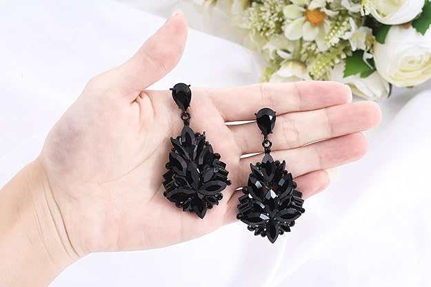 ONE PAIR: Vintage Floral Teardrop Butterfly Wing Black Austrian Crystal Drop Dangle Earrings for Women