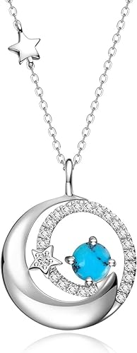 ONE :💎925 Sterling Silver Created Turquoise Moon and Star Pendant Necklace Fine Jewelry 💎