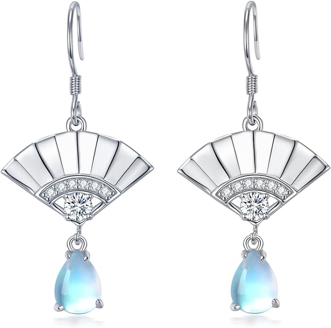 ONE:  Exquisite FAN Earrings Color: Moonstone Dangle Earrings 925 Sterling Silver