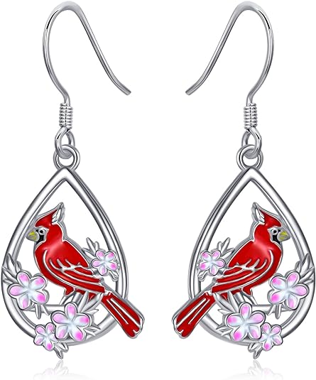 ONE: 925 Sterling Silver Cardinal Birds Dangle Earrings Flowers