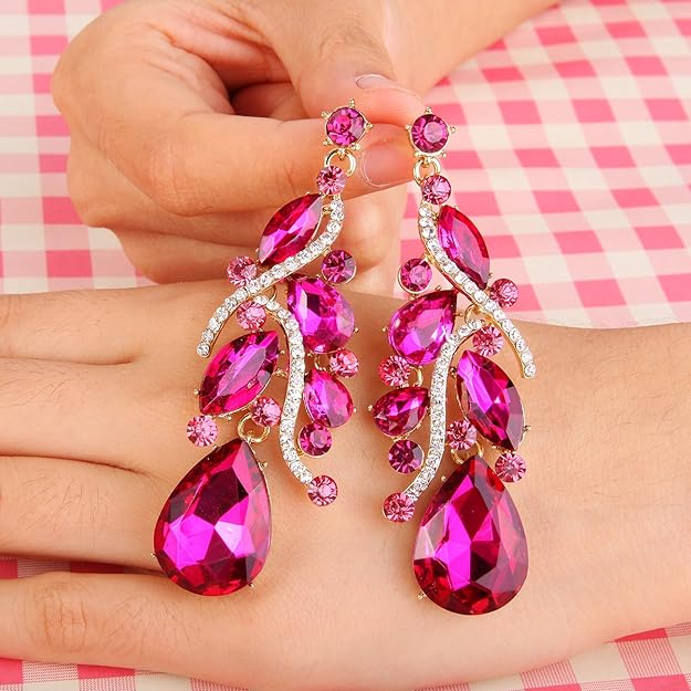 ONE PAIR: Crystal Multi Teardrop Filigree Cluster Chandelier Dangle Earrings PINK