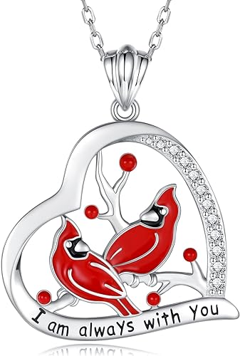 ONE: 925 Sterling Silver Cardinal Birds Pendant Necklace I AM ALWAYS WITH YOU