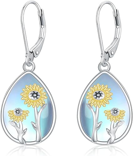 ONE:  Exquisite Sun Flower Color: MOONSTONE  Dangle Earrings 925 Sterling Silver