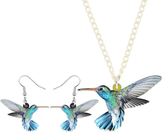 ONE: Set Pendant Necklace and Dangle Earrings SET Hummingbird Birds