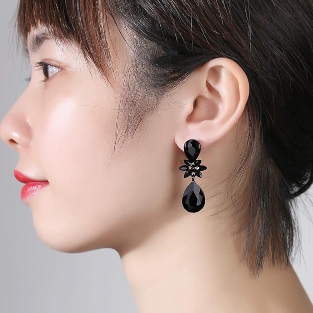 ONE PAIR: Vintage Floral Teardrop Butterfly Wing Black Austrian Crystal Drop Dangle Earrings for Women