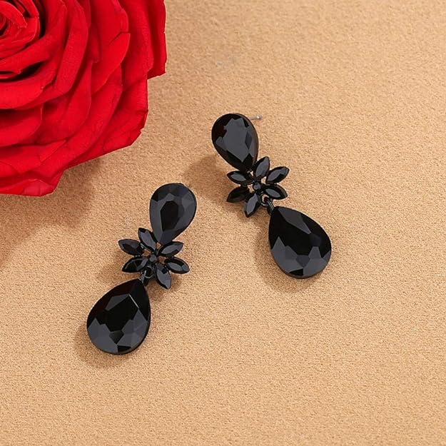 ONE PAIR: Vintage Floral Teardrop Butterfly Wing Black Austrian Crystal Drop Dangle Earrings for Women