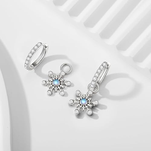 ONE:  Exquisite Snow Flake's Hoop Color: MOONSTONE  Dangle Earrings 925 Sterling Silver