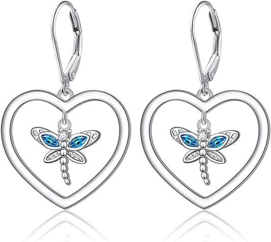 ONE: Style: Dragonfly Lever back HEART Earrings Earring 925 Sterling Silver