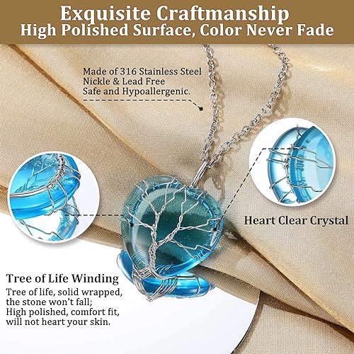 ONE: 💓Heart Tree Aquamarine Crystal March Necklace 925 Sterling Silver Necklace