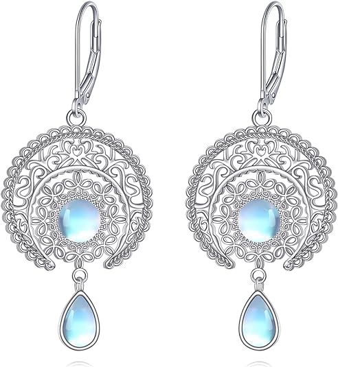 ONE: Exquisite MOON & STARS Color: MOONSTONE Dangle Earrings 925 Sterling Silver