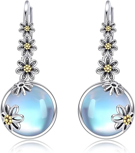 ONE:  Exquisite Daisy's Color: MOONSTONE  Dangle Earrings 925 Sterling Silver