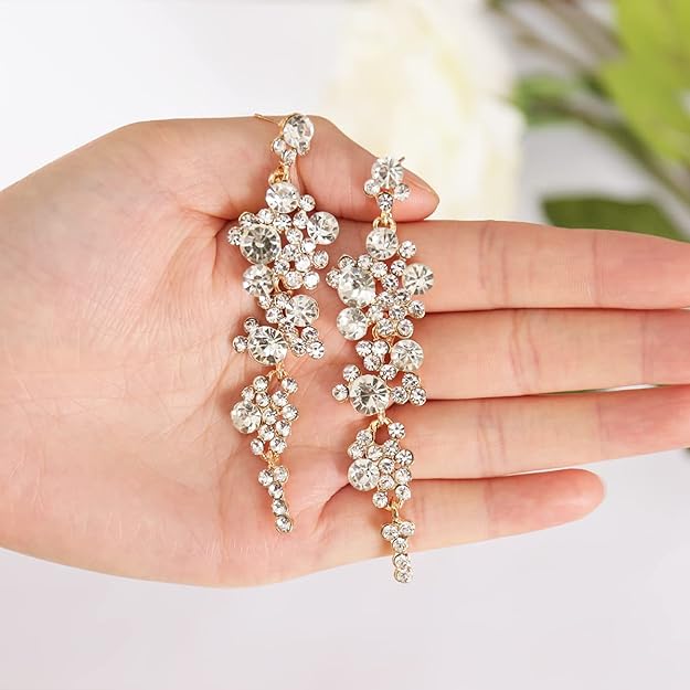 ONE PAIR: Crystal Multi Gold/Silver Rhinestone Chandelier Wedding Bridal Dangle Earrings