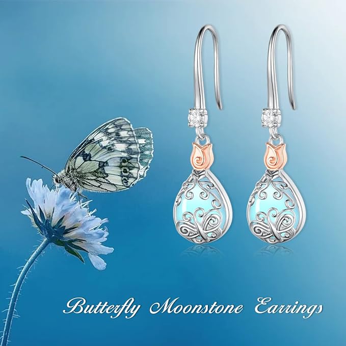 ONE:  Exquisite Butterfly Earrings Color: Moonstone Dangle Earrings 925 Sterling Silver