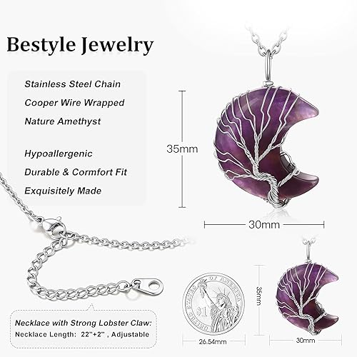 ONE: 💓Crescent Moon February Amethyst Crystal Necklace 925 Sterling Silver Necklace