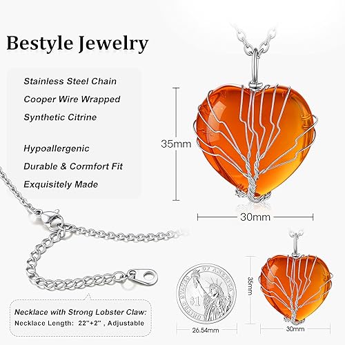 ONE: 💓November-Synthetic Citrine  Heart TREE Crystal Necklace 925 Sterling Silver