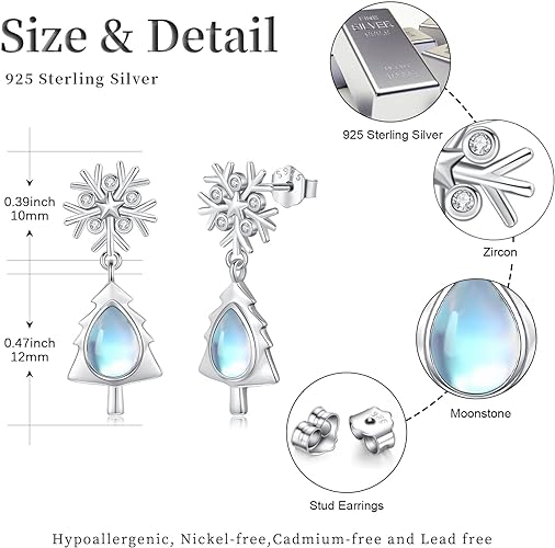 ONE:  Exquisite Snow Flake's Tree Color: MOONSTONE  Dangle Earrings 925 Sterling Silver