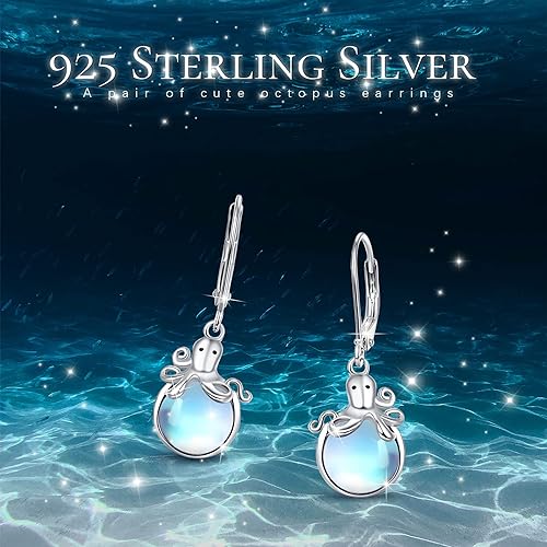 ONE: Exquisite Octopus Color: MOONSTONE Dangle Earrings 925 Sterling Silver