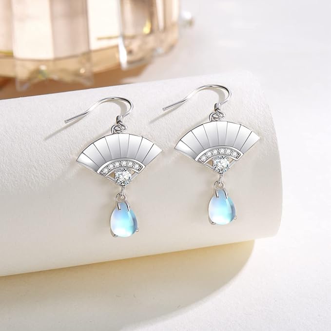 ONE:  Exquisite FAN Earrings Color: Moonstone Dangle Earrings 925 Sterling Silver