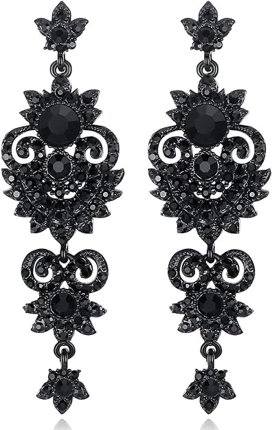 ONE PAIR: Vintage Floral Teardrop Butterfly Wing Black Austrian Crystal Drop Dangle Earrings for Women