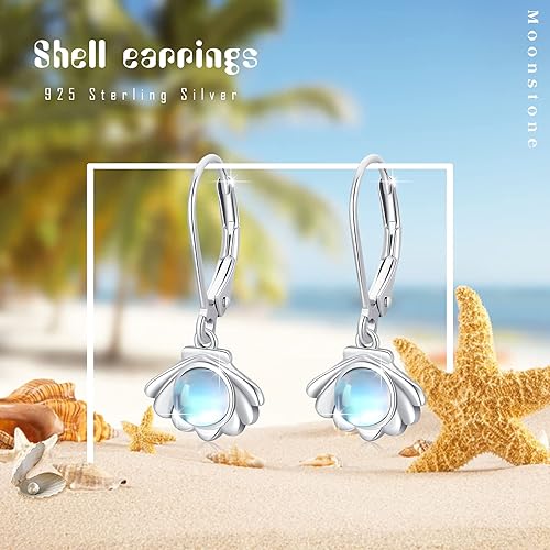 ONE: Exquisite Shells Color: MOONSTONE Dangle Earrings 925 Sterling Silver