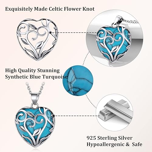 ONE: 💓December-Synthetic Blue Turquoise Heart Crystal Necklace 925 Sterling Silver