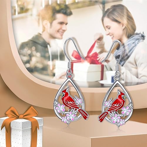 ONE: 925 Sterling Silver Cardinal Birds Dangle Earrings Flowers