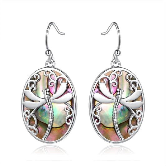 ONE: 925 Sterling Silver 18K White Gold Plated Abalone Dragonfly Dangling Earrings Design