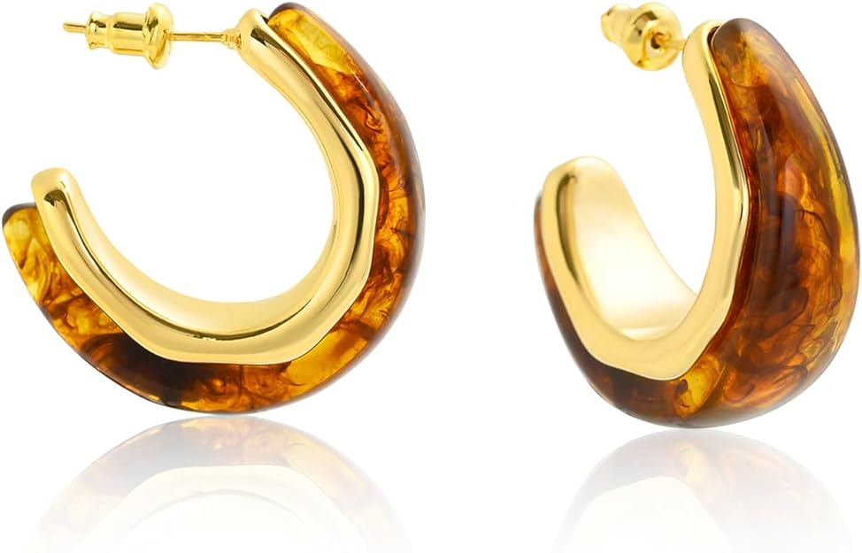 ONE Pair:  Resin Earrings for Women - Post Drop Earrings 14k Gold Plated