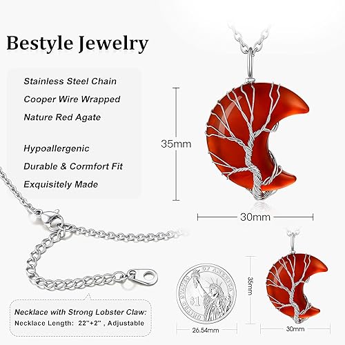 ONE: 💓January-Nature Red Agate Crescent Moon Crystal Necklace 925 Sterling Silver Necklace