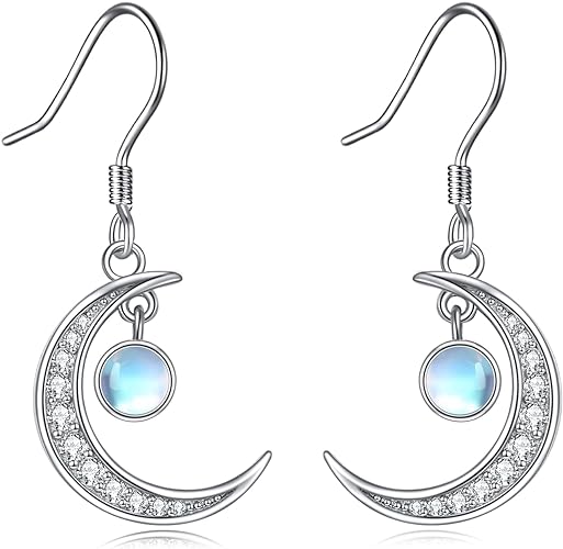 ONE: Exquisite MOON & STARS Color: MOONSTONE Dangle Earrings 925 Sterling Silver