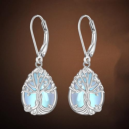 ONE: Exquisite Tree Color: MOONSTONE Dangle Earrings 925 Sterling Silver