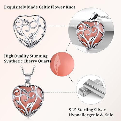 ONE: 💓July-Synthetic Cherry Quartz Heart Crystal Necklace 925 Sterling Silver