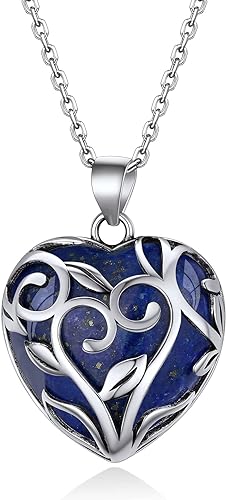 ONE: 💓September-Nature Lapis Lazuli Heart Crystal Necklace 925 Sterling Silver