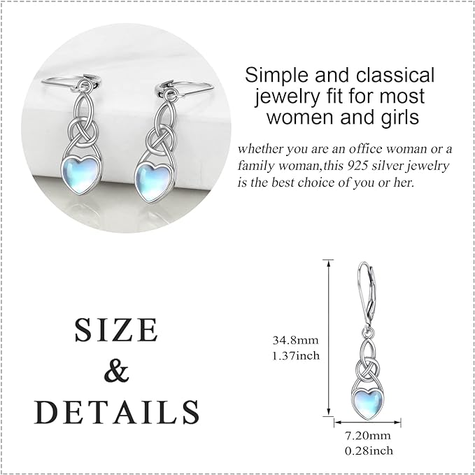 ONE:  Exquisite DROP HEART Color: MOONSTONE Dangle Earrings 925 Sterling Silver